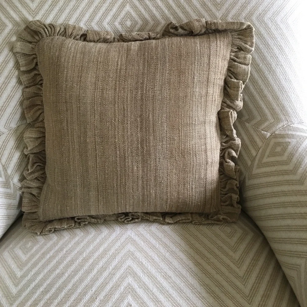 Linen pillow with ruffle burlap/olive color